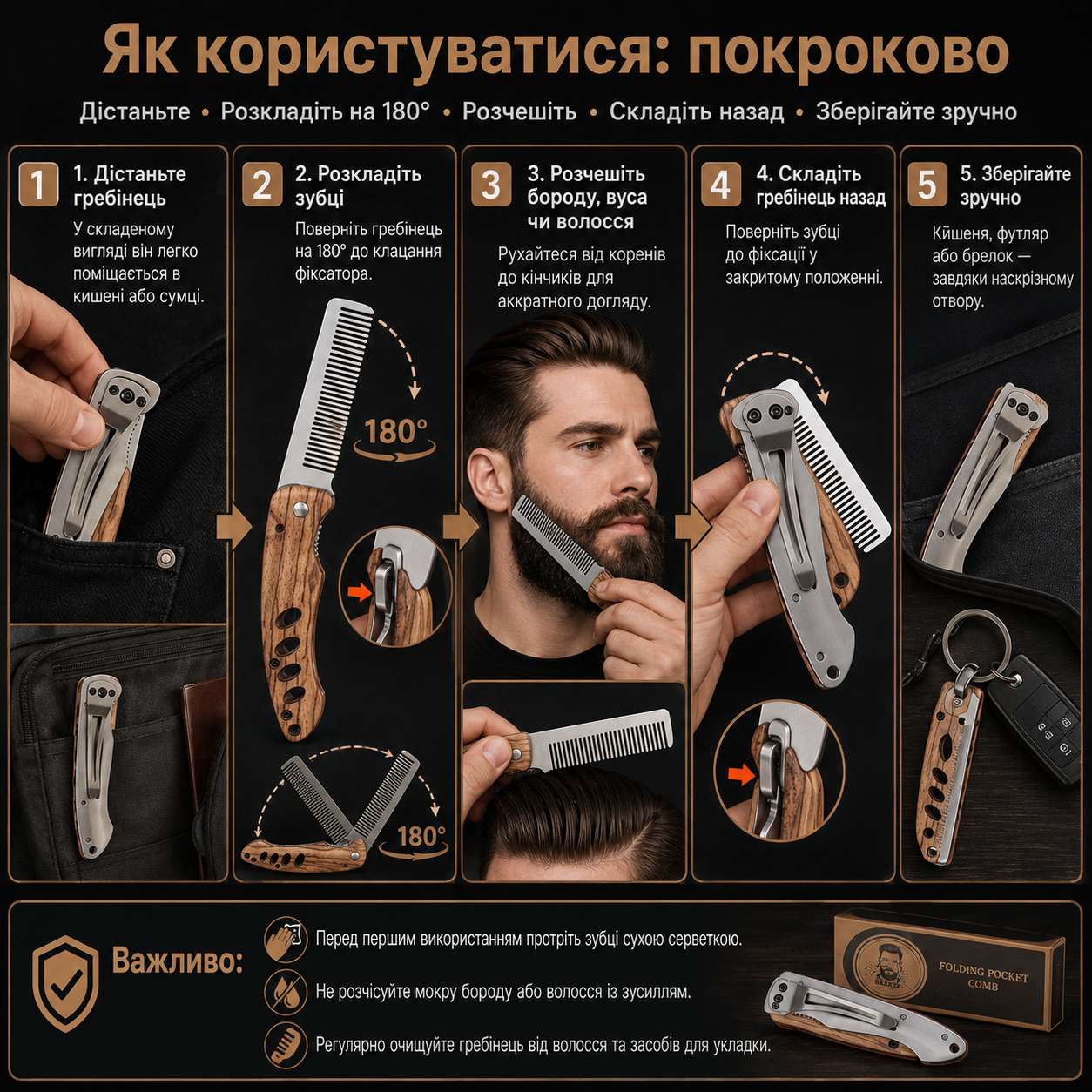 Пошаговая инструкция раскладывания и использования гребня для бороды