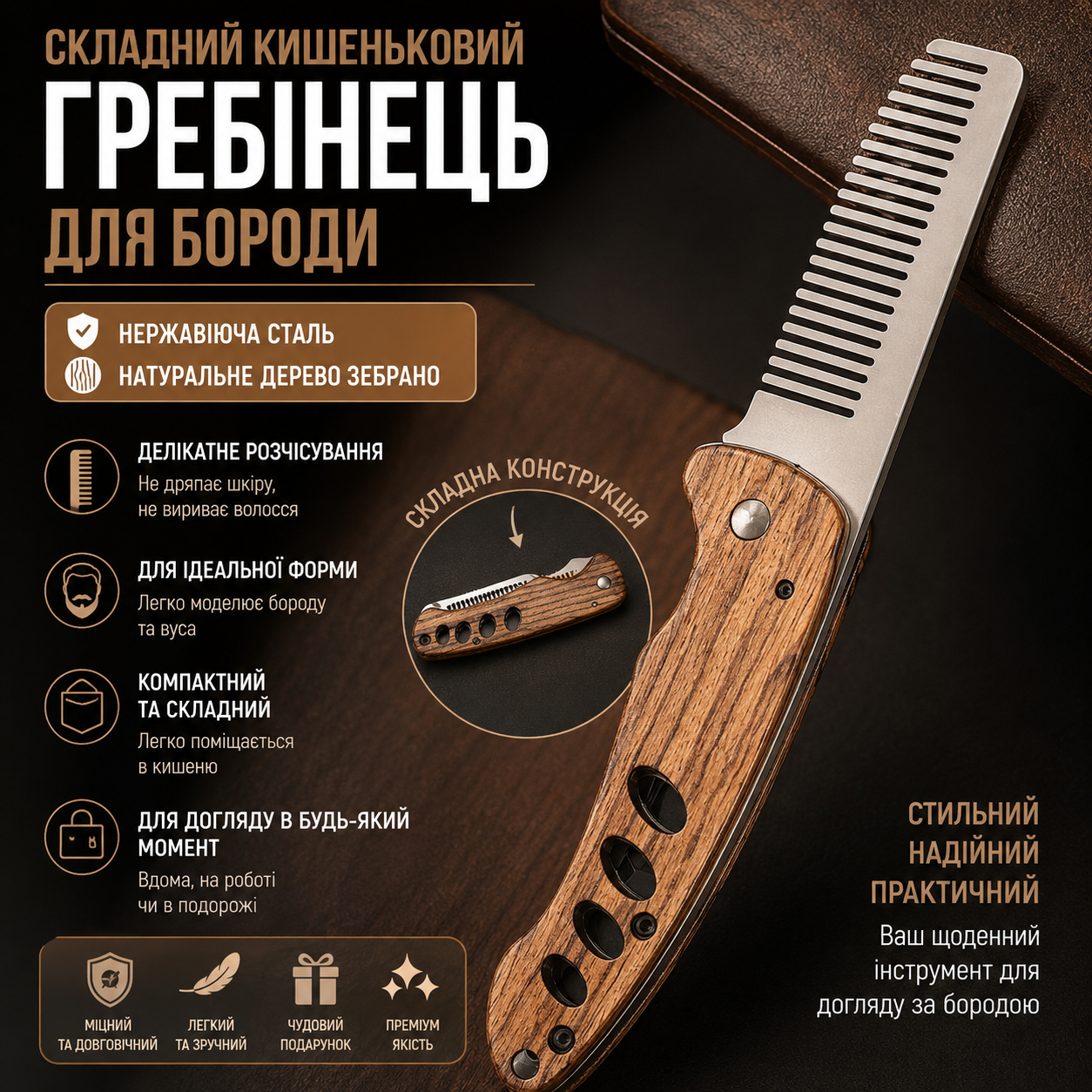 Складной карманный гребень для бороды из нержавеющей стали с ручкой из дерева зебрано