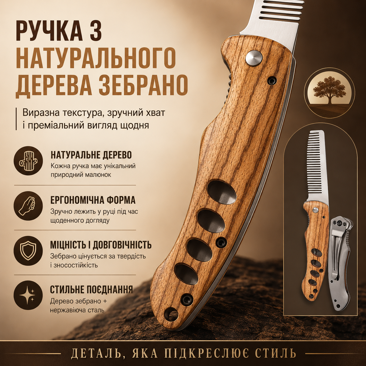 Ручка гребня из натурального дерева зебрано крупным планом