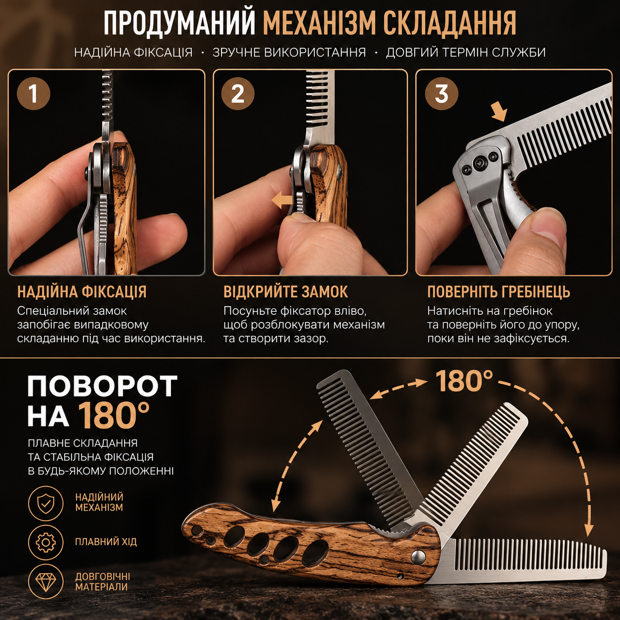 Механизм складывания и фиксации гребня для бороды с поворотом на 180 градусов
