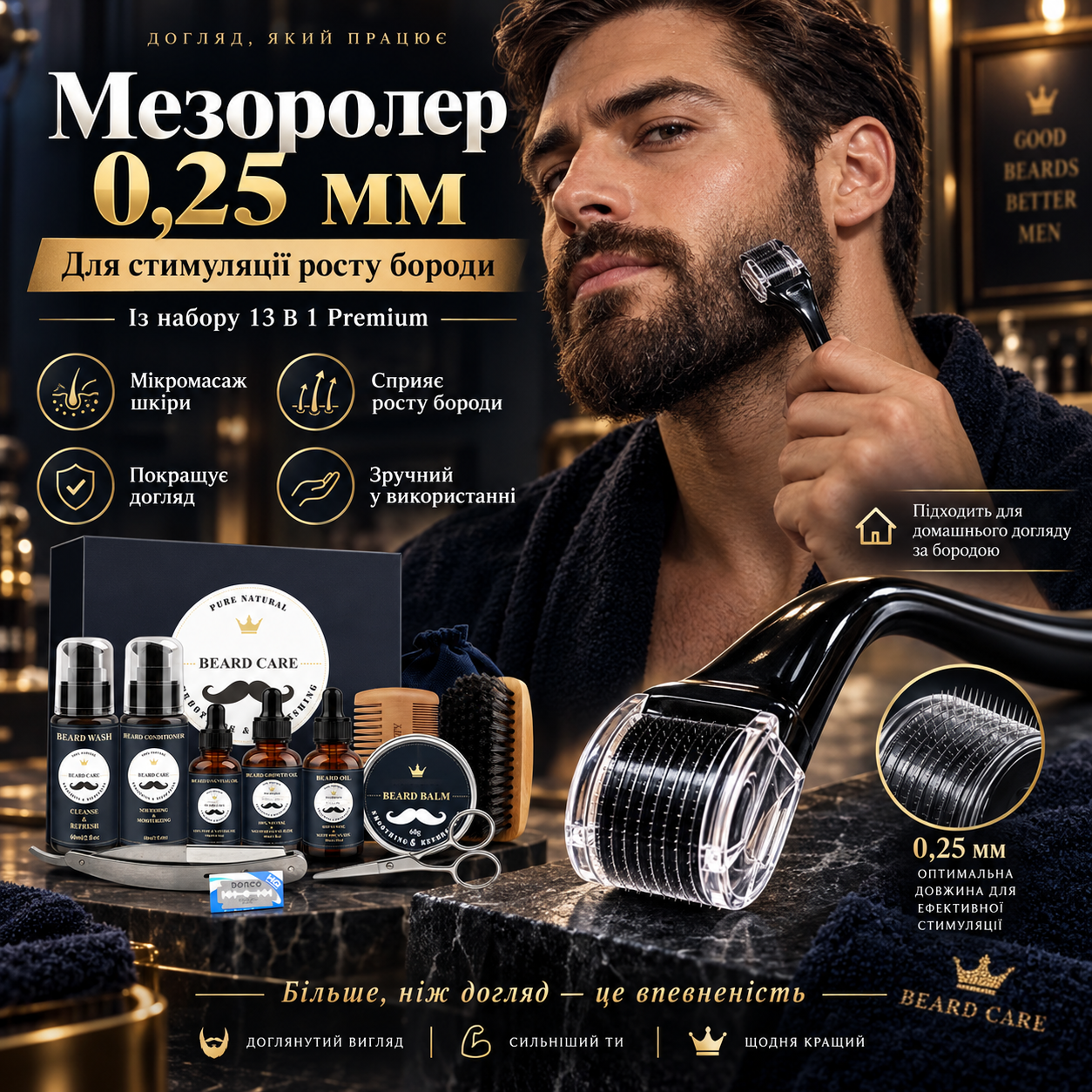 Мезороллер 0,25 мм для стимуляции роста бороды из набора 13 в 1