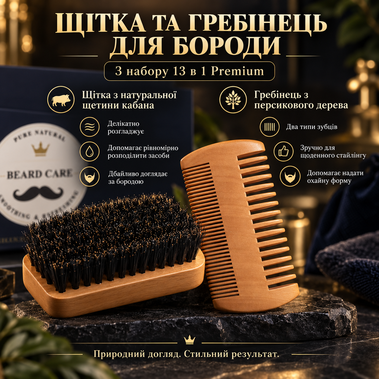 Щетка из щетины кабана и гребень из персикового дерева из набора 13 в 1 крупным планом