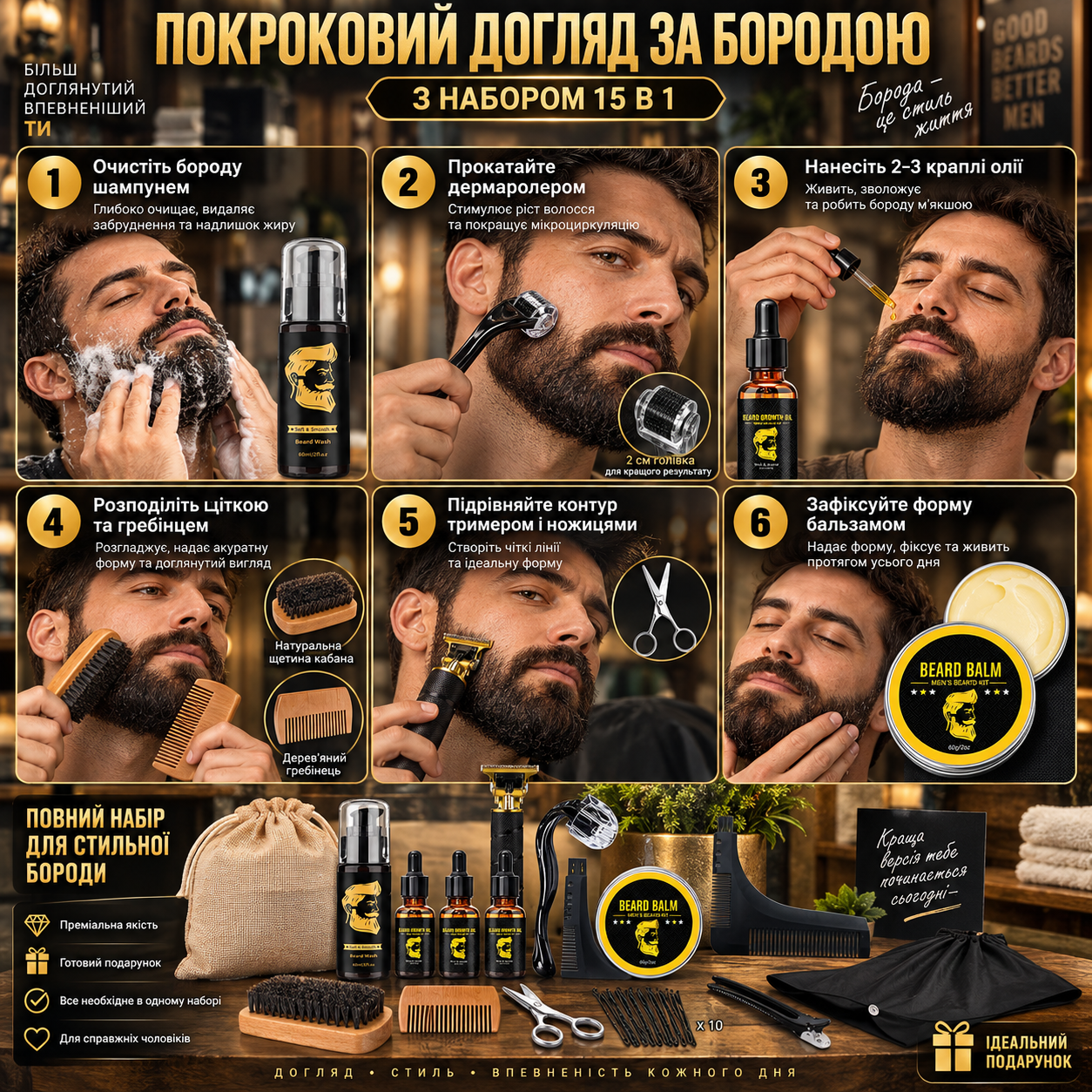Пошаговый уход за бородой с набором 15 в 1