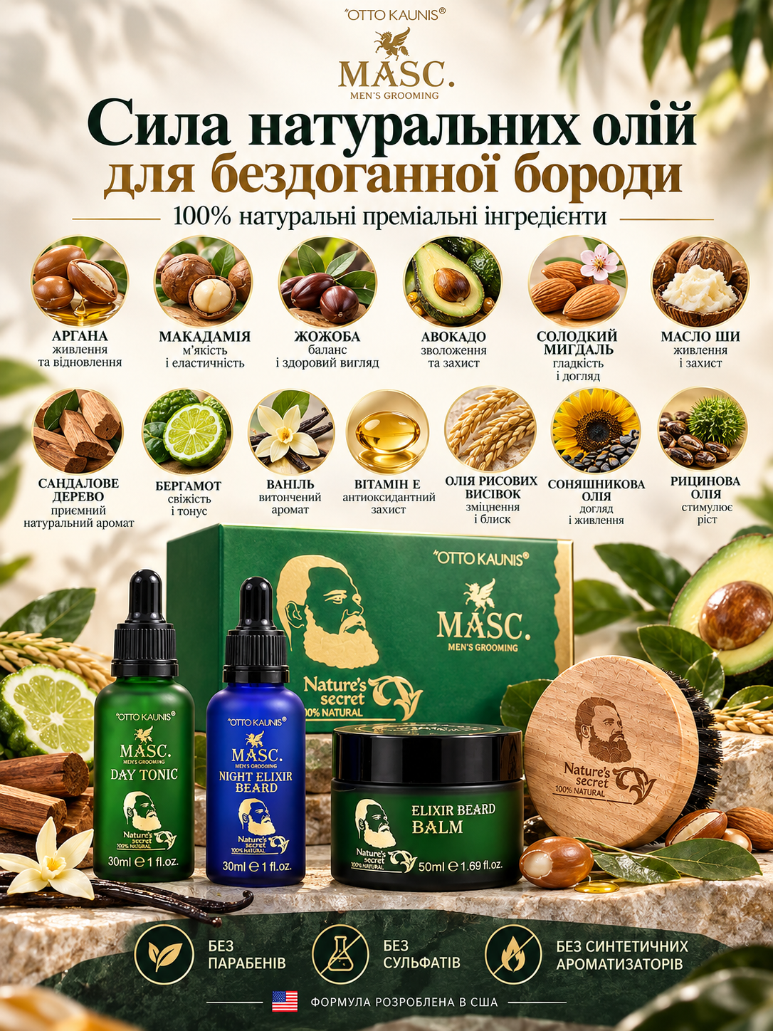 100% натуральные премиальные ингредиенты в наборе для бороды Otto KAUNIS